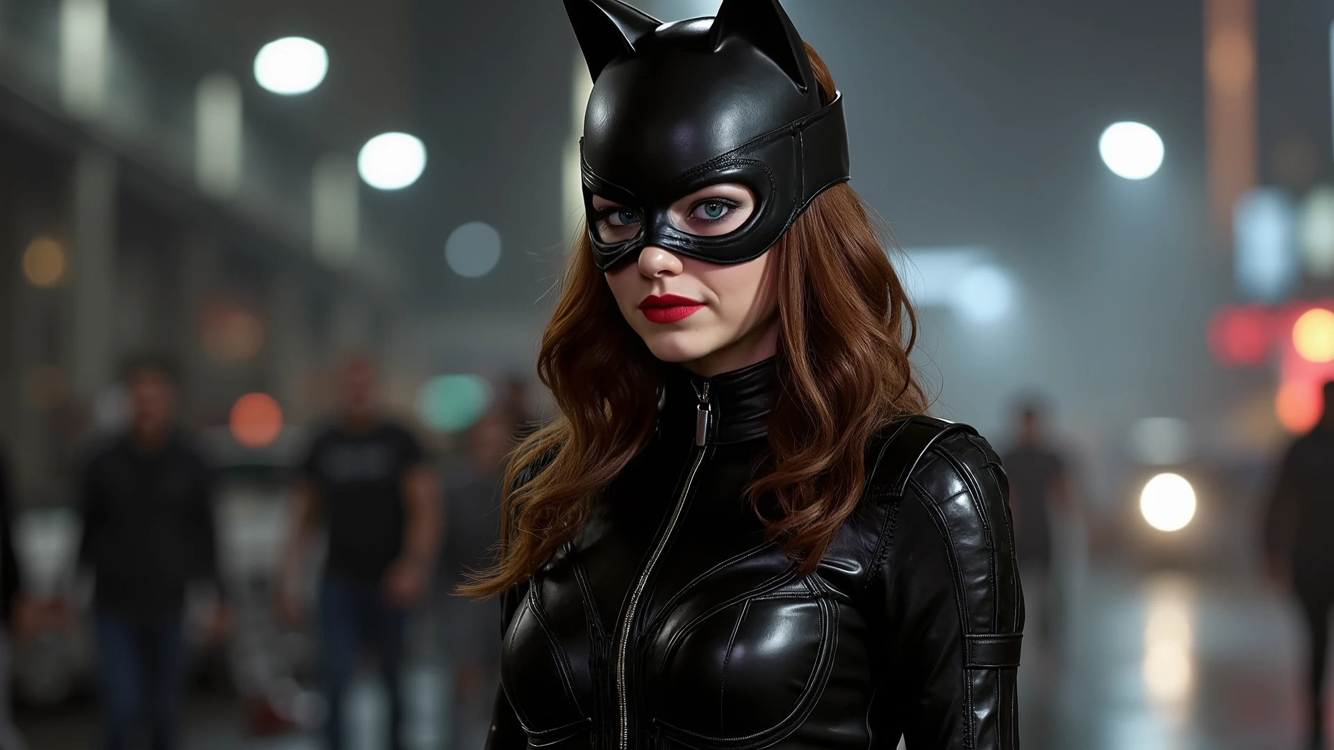 I loke it but catwoman has brown hair let me describe it ter.Costume:
A tight, shiny, black suit inspired by the DC Rebirth Comics, with the modern, sleek elements from Ariana Grande's video.
Incorporate the stitched, patchwork details from Ariana Grande's "That Boy is Mine" video. This will add a unique, edgy touch to the outfit.
Add detailed textures and tactical elements from the Arkham City video game for a more practical and combat-ready appearance.
Include elegant touches like subtle, shimmering accents and form-fitting lines.
Accessories:
Retain Catwoman's signature whip, but give it a modern, high-tech upgrade.
Include practical, combat-ready gear like utility belts and tactical boots from the Arkham City design.
Overall Style:
Blend the glamorous, sleek look from Ariana Grande's video with the iconic elements from the DC Rebirth Comics.
Maintain a dark and gritty aesthetic from the Arkham City video game, making the design both stylish and functional.