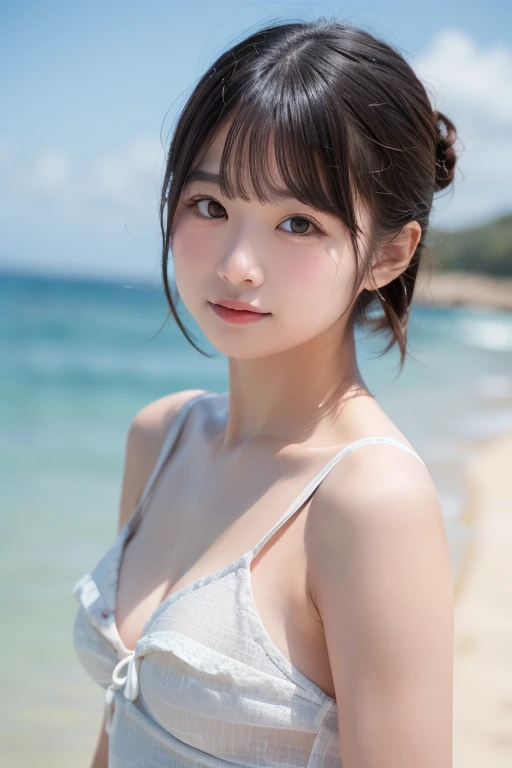 beautiful serene intricate portrait of a cute thin young woman, red blush, cute freckles, smug smile, modern clothes, relaxing on the beach, golden hour, close up shot, soft focus, 8 k, art by irakli nadar, hyperrealism, hyperdetailed, ultra realistic ilya kuvshinov, masterpiece