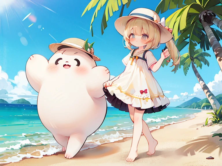 (toddler girl:1.5),chibi,long white hair,navy blue swimsuit,standing,laughing