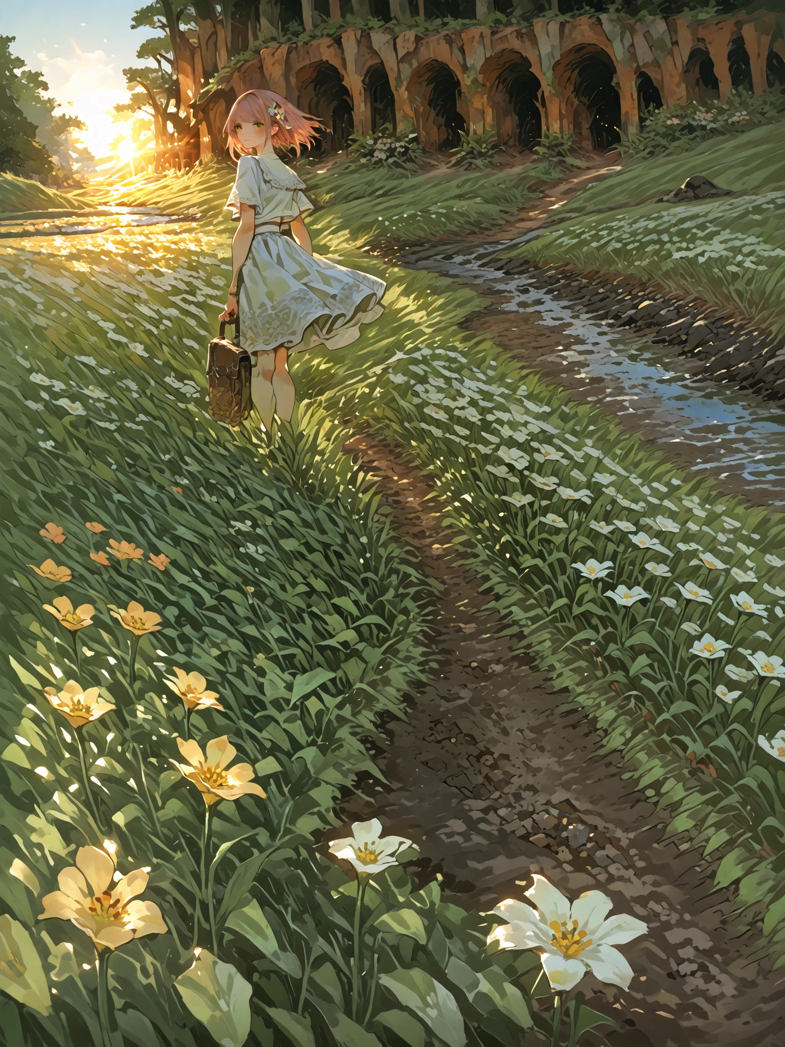 Dynamic lighting,HDR,Summer Skirts.The voice of cicadas and the skirt swaying in the wind.that inspiration is a summer crush.Charming and cute woman.Summer flower field.bright sunlight on a riverbank deep in the mountains.