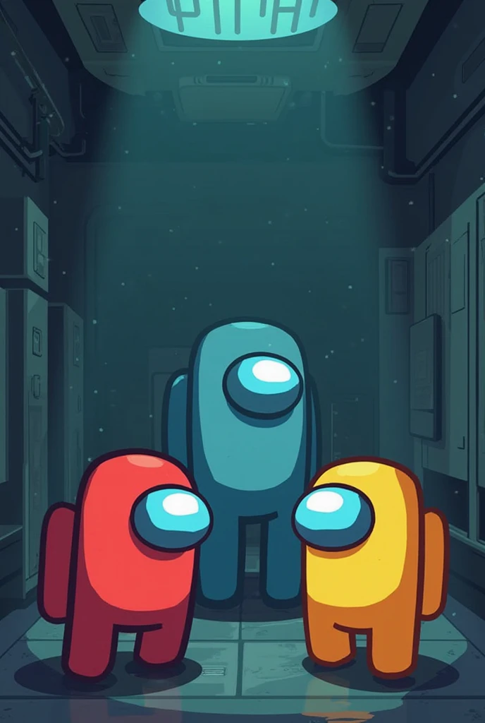 Create an animated thumbnail, with a red guy is killed a blue guy and then a yellow guy is in front of the dead body of blue guy. And a purple guy is behind yellow guy theme among us game