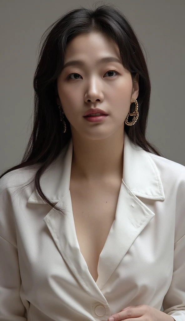 Wearing a satin blouse, also wearing a satent wrench coat, the material of the blouse and trench coat is satin, strong glossy, soft and smooth and smooth to the touch, the buttons on the front of the blouse are fastened, no bra is on, the blouse is fit the body, the chest is C cup, Japan fashion model, wearing a shirt, wearing a coat, one beautiful woman