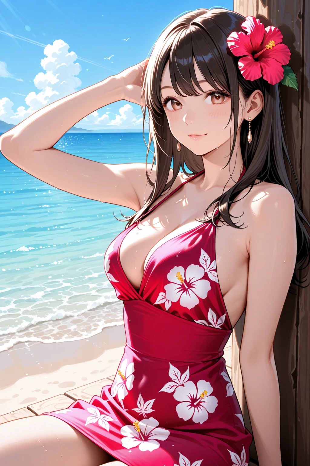 (La mejor calidad, anime, cuerpo completo, illustration, hembra madura, chica mala, largo Pelo rojo, Mirando al espectador, ojos azules, senos grandes, saco negro, vestido corto rojo,
