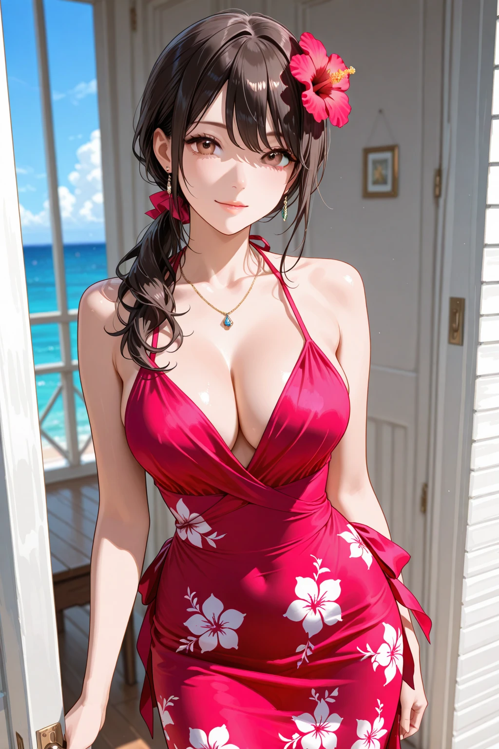 Black hair, long hair, red eyes, sexy, large breasts, beautiful body, masterpiece, smile, ((Plum blossom print lingerie)), hotel swimming pool