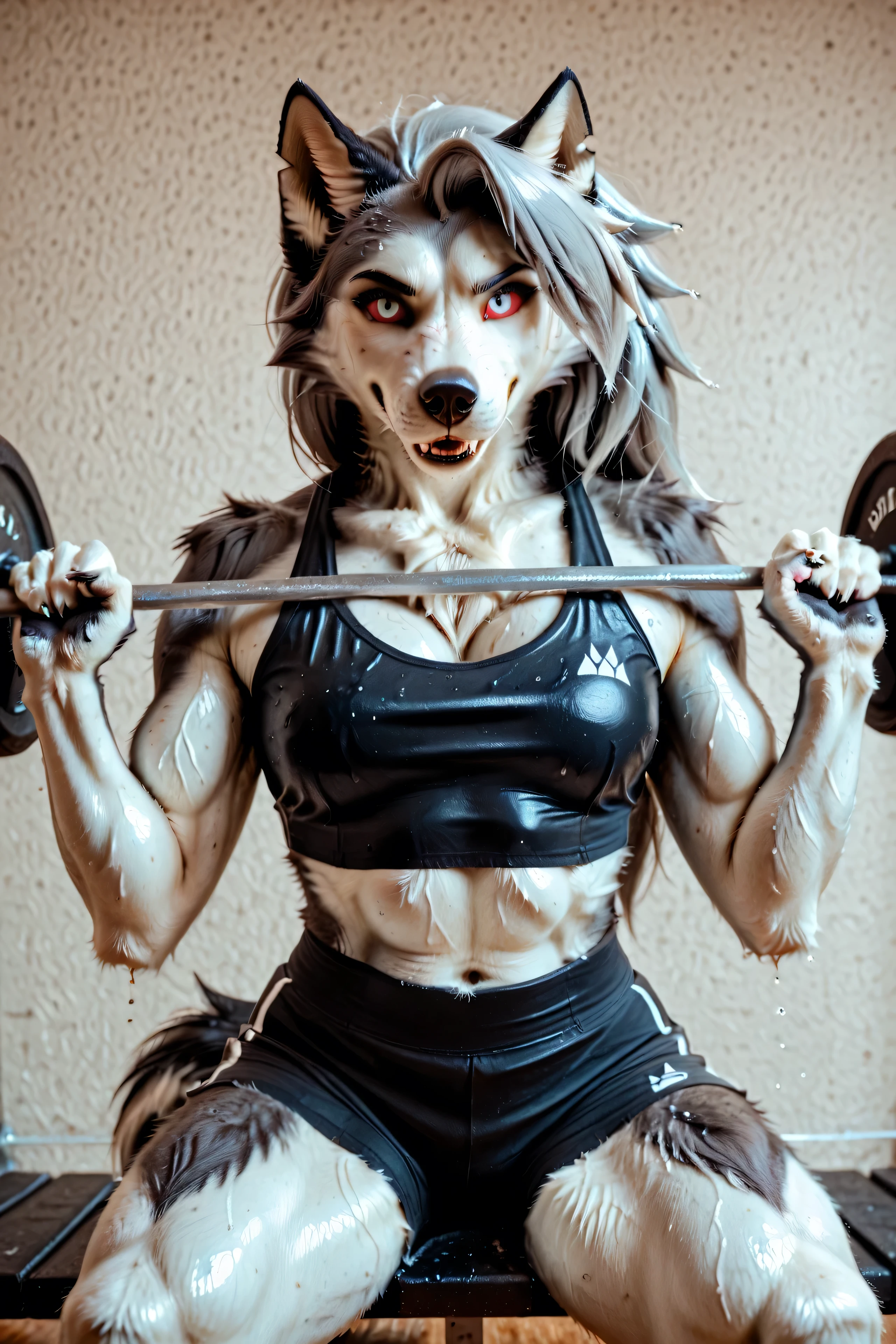 Loona, furry, realistic, fluffy tail, solo, tight_shorts, black with gray stripe gym clothes, wet skin, sweat, sweatdrop, strength training, chest press, chest up, open arms, using training equipment, sitting, holding training equipment, furry, wolf furry, (muscular:1.3), fitness, determined expression, slightly from the side, high-range shot, ultrahigh details, ultra-realistic photo, two-tone fur, gray fur, anthro, wolf girl, animal nose, wolf tail, red sclera, white iris, canine teeth, bangs, absurd res, detailed skin, detailed hair, extremely detailed, sharp focus, sharp details, 8k, m0d3rn gym,
