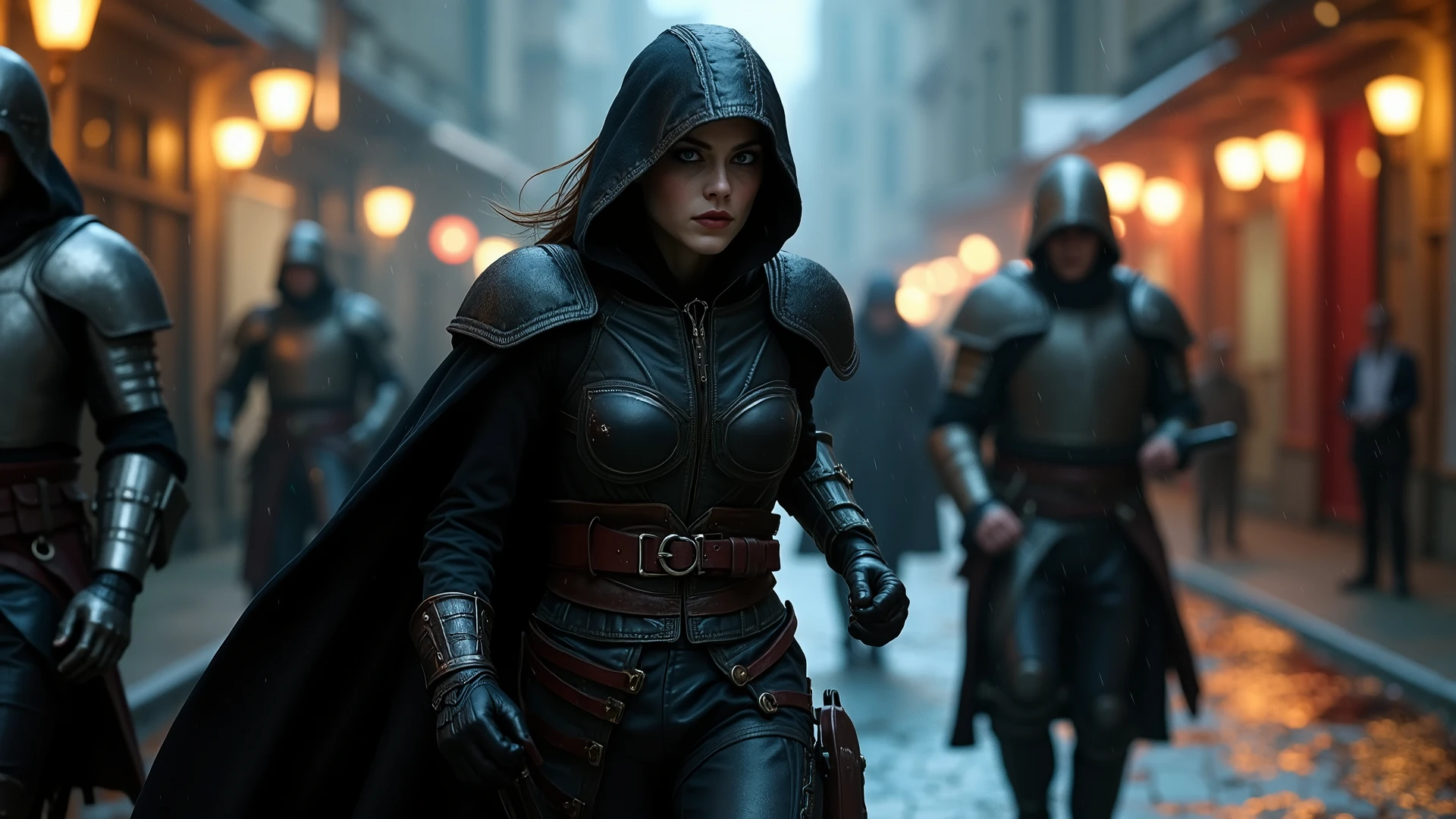 Epic cinematic concept art of a mysterious female assassin in a tense moment — ultra-detailed, photorealistic. She has a sharp, captivating face with piercing eyes, partially hidden under a shadowed, hooded dark cloak. Wearing a sleek, tight-fitting leather vest with subtle metallic accents, utility belts, and daggers strapped to her thigh. Scene captures her mid-movement, running from heavily armored guards, viewed from behind as she glances intensely over her shoulder. Dramatic, high-contrast lighting with warm torchlight reflections and deep shadows. Rain-soaked cobblestone alley glistens under soft moonlight. Depth of field blur in the background, cinematic lens flares, and a slightly tilted camera angle for dynamic tension. Color grading inspired by Blade Runner 2049 and Assassin’s Creed — rich blues, deep blacks, and hints of glowing red.