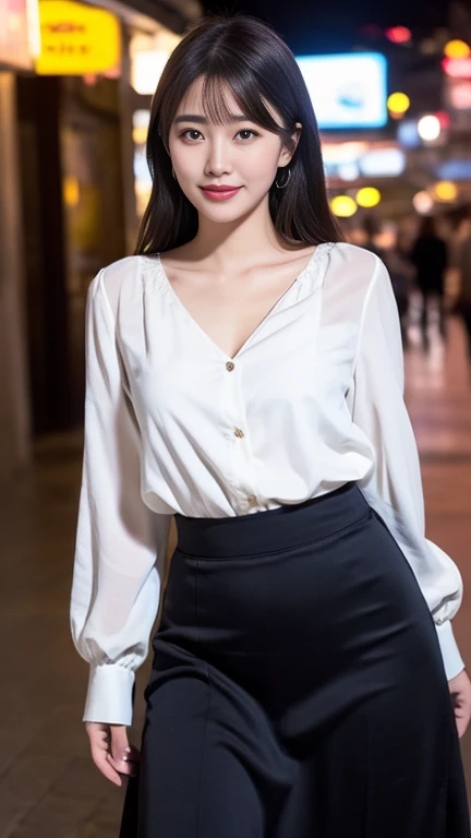 ((8K、High resolution、Highest quality、High resolution)))、alone、Natural body shape、White skin、Natural Makeup、((blouse、Business Skirt))、(Pearl Necklace、Pearl Earrings)、Looking into the camera、bangs、Head to shin portrait、(Thighs)、smile
