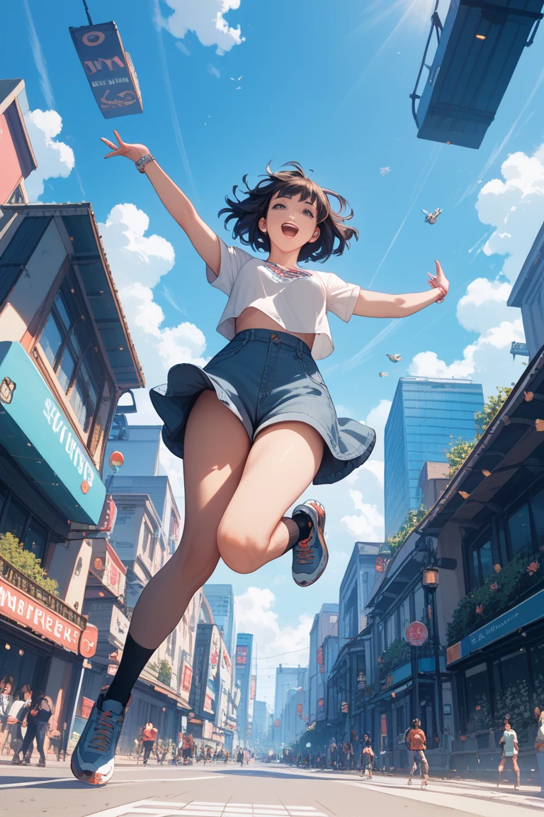 One girl jumping, Open your mouth, Outdoor, building, Broken glass, shoes,