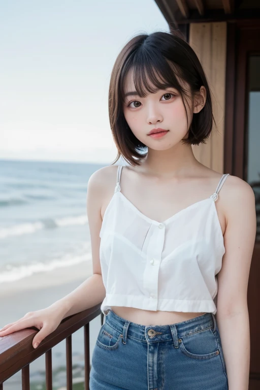 (masterpiece, Highest quality:1.2), 8K, Young and beautiful girl, Exquisite portrait of a beautiful and perfect woman, Wearing a tank top and denim mini skirt, Illuminated by the sunlight, Sandy beach with crystal clear water in the background. This landscape exudes a sense of tranquility and relaxation., Capturing the essence of a carefree summer day. Very detailed, Fluid rendering inspired by the work of John Singer Sargent and Joaquin Sorolla. In the technical specifications、4K UHD images are required to bring out the vivid colors and textures of the scene。