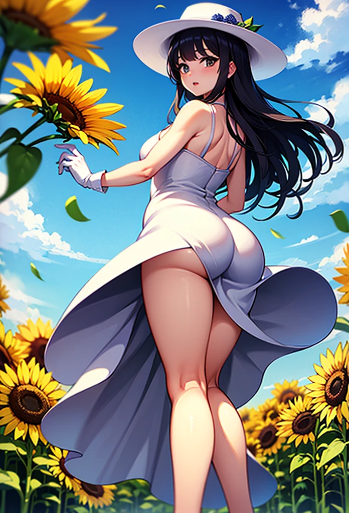 score_9, score_8_up, score_7_up, source_anime, 1girl, solo, azlnfrdrchdg, large breasts, very long hair, hair over one eye, yellow eyes, from behind, yellow sundress, garden, day, sunshine, smile, looking back, <lora:Hoseki_Azln_Frdrchdg_PDXL_v1:1>