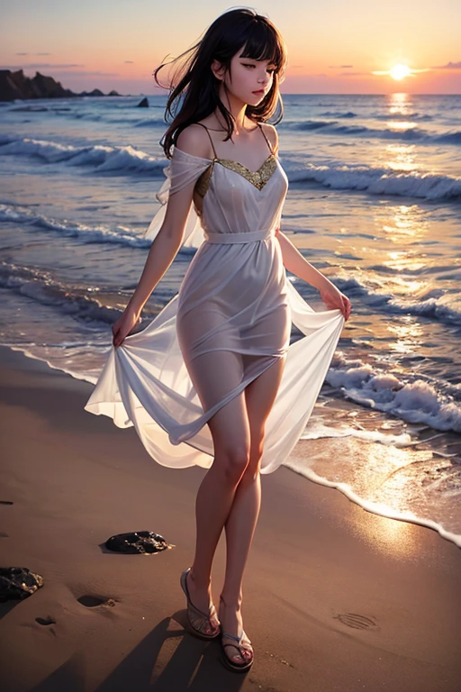 8K, highest quallity, ultra details, Hispanic A photorealistic image shows a Hispanic girl with a serene expression, her wavy brown hair cascading down her back. She stands on a picturesque beach at sunset, with waves lapping gently against the shore. The girl wears a flowing dress, ethereal black dress that billows in the breeze. The camera captures her from a distance, allowing the viewer to enjoy the vastness of the beach and the vibrant colors of the sunset. Perfectly framing the girl against the stunning natural backdrop. Soft, warm lighting, casting a golden glow on the scene. This image captures the tranquility and beauty of nature&#39;s connection..