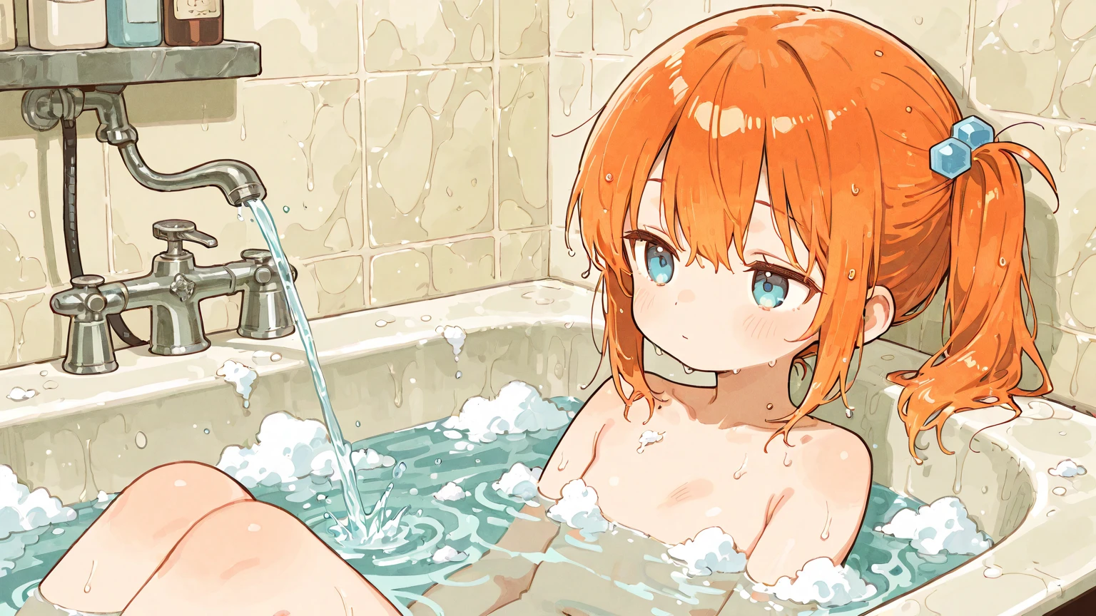 Hidden Contempt　Elegant appearance　Small breasts　Lori　Red hair middle　confidence　excellent　Girl　Wooden bathhouse　bathing　Warm background　full_Nude　Completely naked　ゴシックGirl