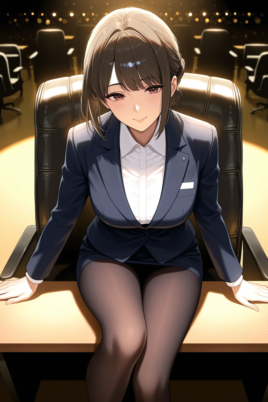 Full body Yoruichi as a thin Black business woman in a double breasted pinstripe purple skirt suit while wearing a tie with a very long purple pinstripe skirt that covers the legs and with long black knee socks full art and make her sit down also give her thin legs and purple heels