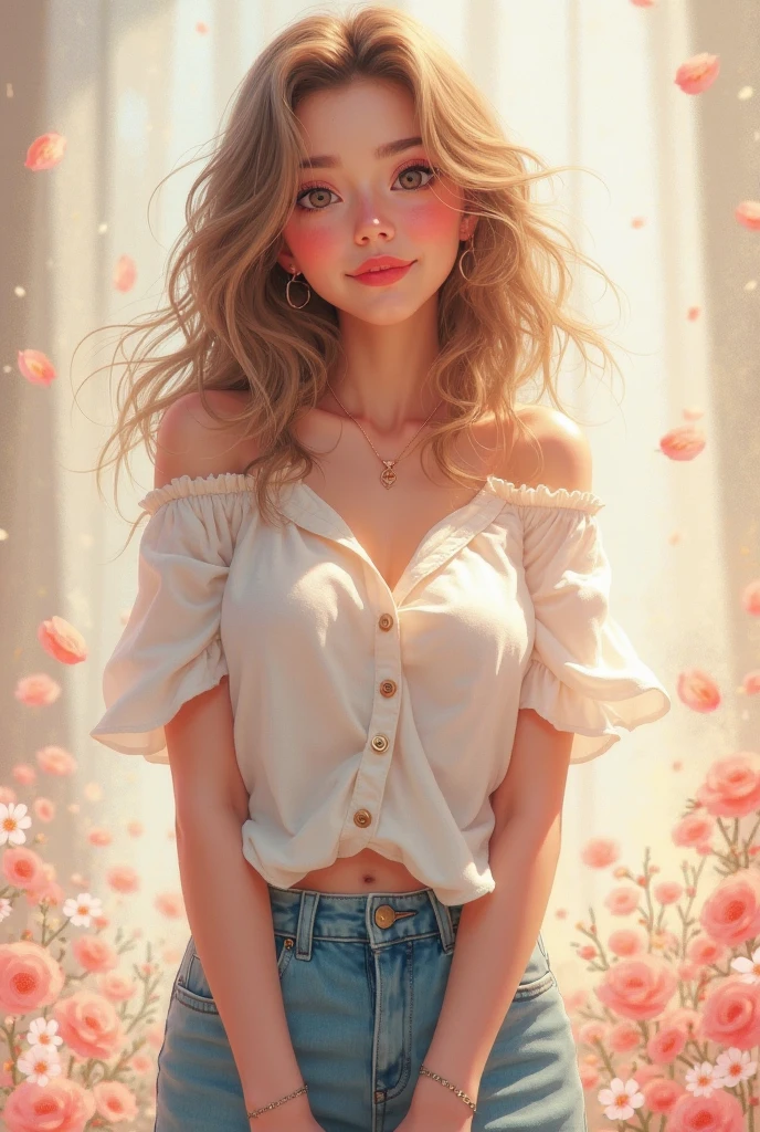 High-quality realistic acrylic art, vivid colors, (best quality, 4K, 8K, high-resolution, masterpiece), ultra-detailed, photorealistic,work of art, best qualityer, That she has a bobbed blond and curly hair, And that I'm wearing shorts and a blouse