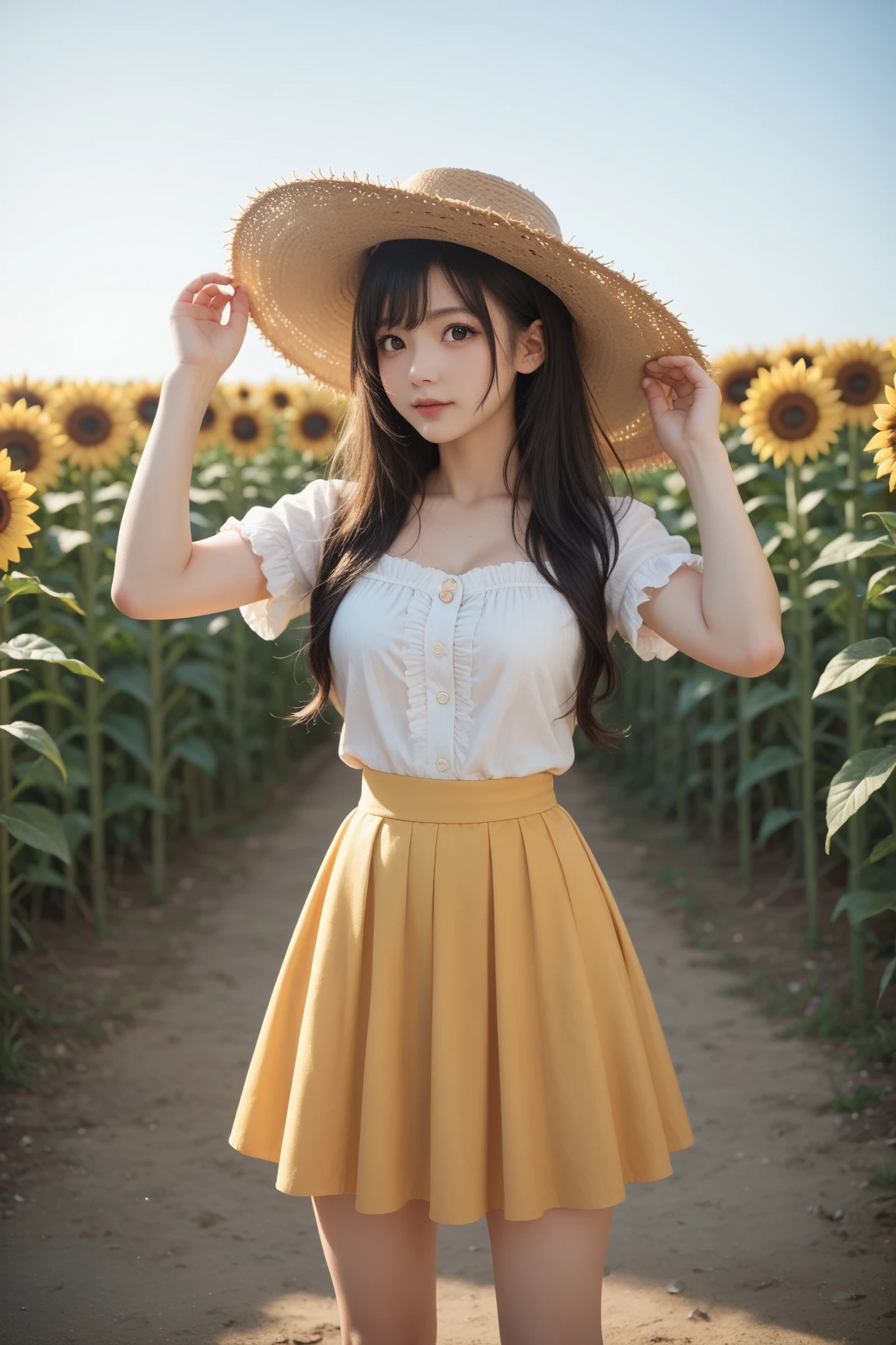 A girl in a field with dandelions raises her hands to the sun