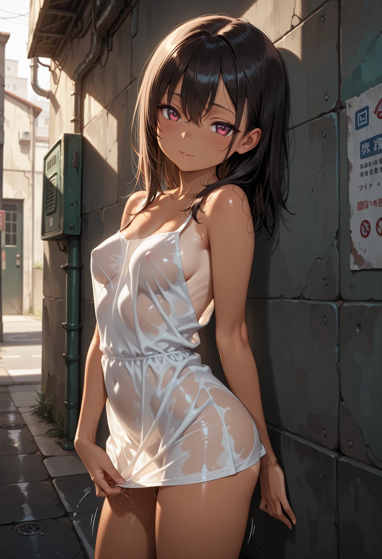 (masterpiece:2.0), (top-quality:2.0), (standing naked in the garden:1.5), (extremely short length camisole dress:1.5), (super sexypose:1.5), (blushed face:1.5), (hide crotch with hand:1.5), (hide chest with hand:1.5), (Spilling boobs:1.5), (realistic:1.5), under the boobs, side boob is visible, naked, 1 little girl, precise small hands, Embarrassed look, light smile, Look at me and smile, extremely cute girl, innocent face, young face, Clear eyes, Shining eyes, small breast, shoulder is visible, Tummy is visible, cleavage of the breast is visible, stomach is visible, the lower abdomen is visible, The buttocks is visible, The crotch is visible, No pubic hair, dynamic posing, The beautiful skin, ultra-definition, Top resolution, japan high school student, brown hair