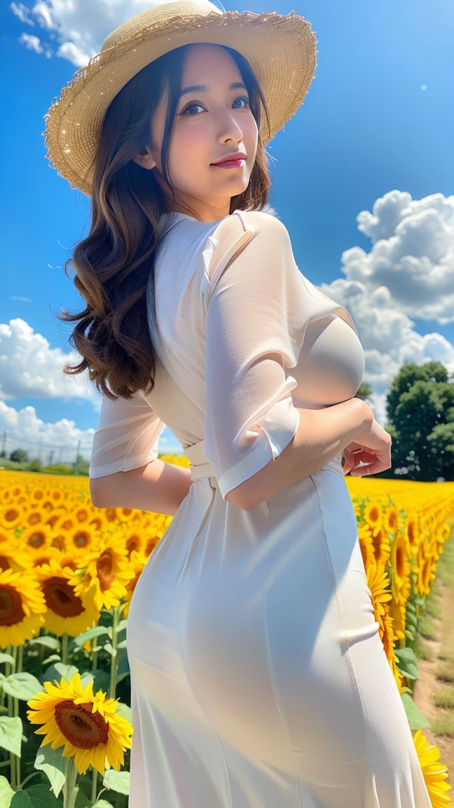 ((Best Quality, 8K, Masterpiece: 1.3)), Upper Body (1.3), (Big Breasts), Outstanding Style, Gentle Face, Parallel Eyebrows, Smile, Natural Makeup, Accented Clothes, Refreshing, in a Golden Rice Field, Holding Coffee