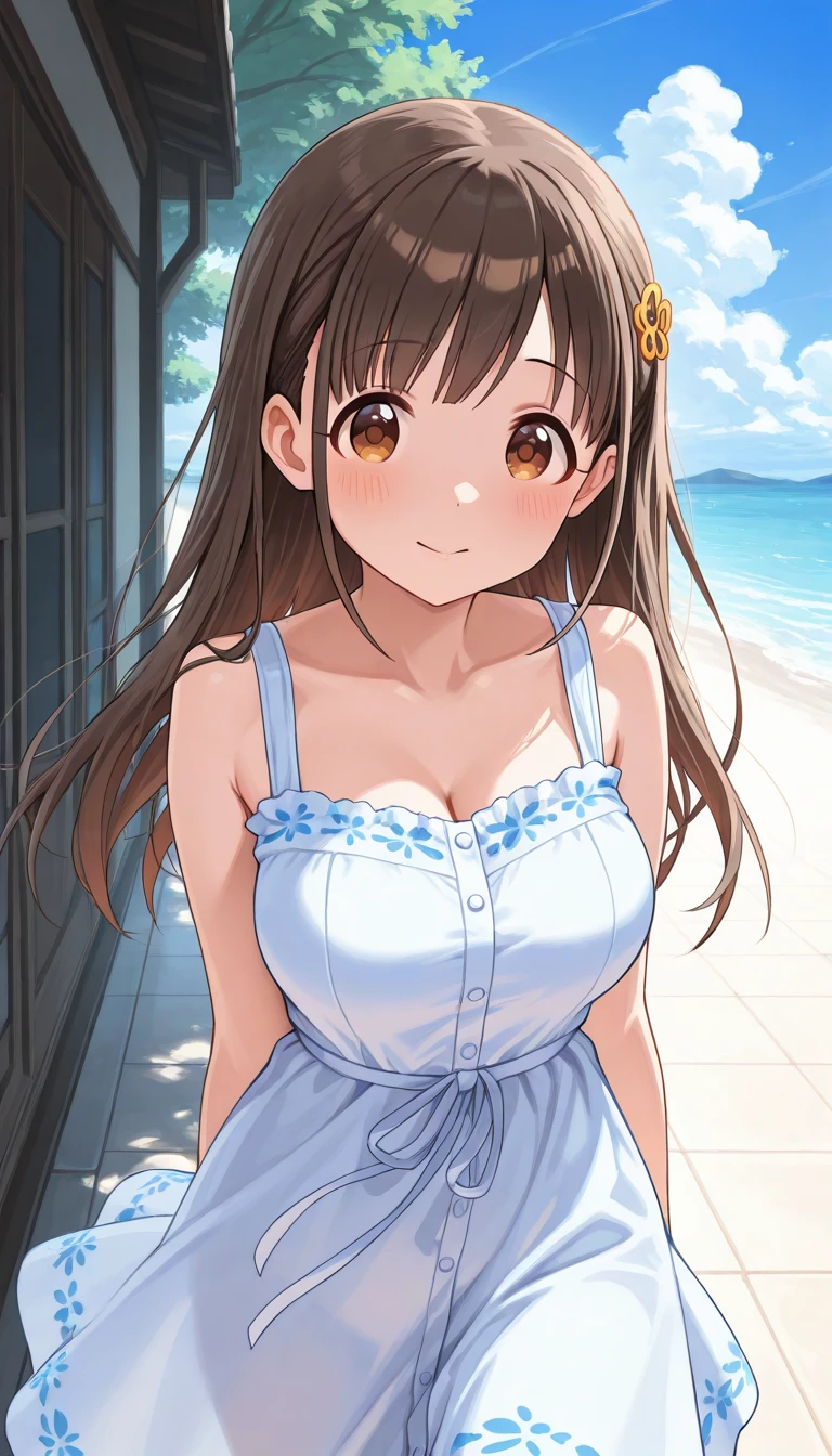 highly detailed, ocean, beach, sun rays, 1girl, solo, kotegawa nanaka, looking at viewer, slight smile, open mouth, large breasts, brown eyes, brown hair, long hair, black shirt, elbow sleeves, pink skirt, miniskirt, best quality, (masterpiece:1.2)