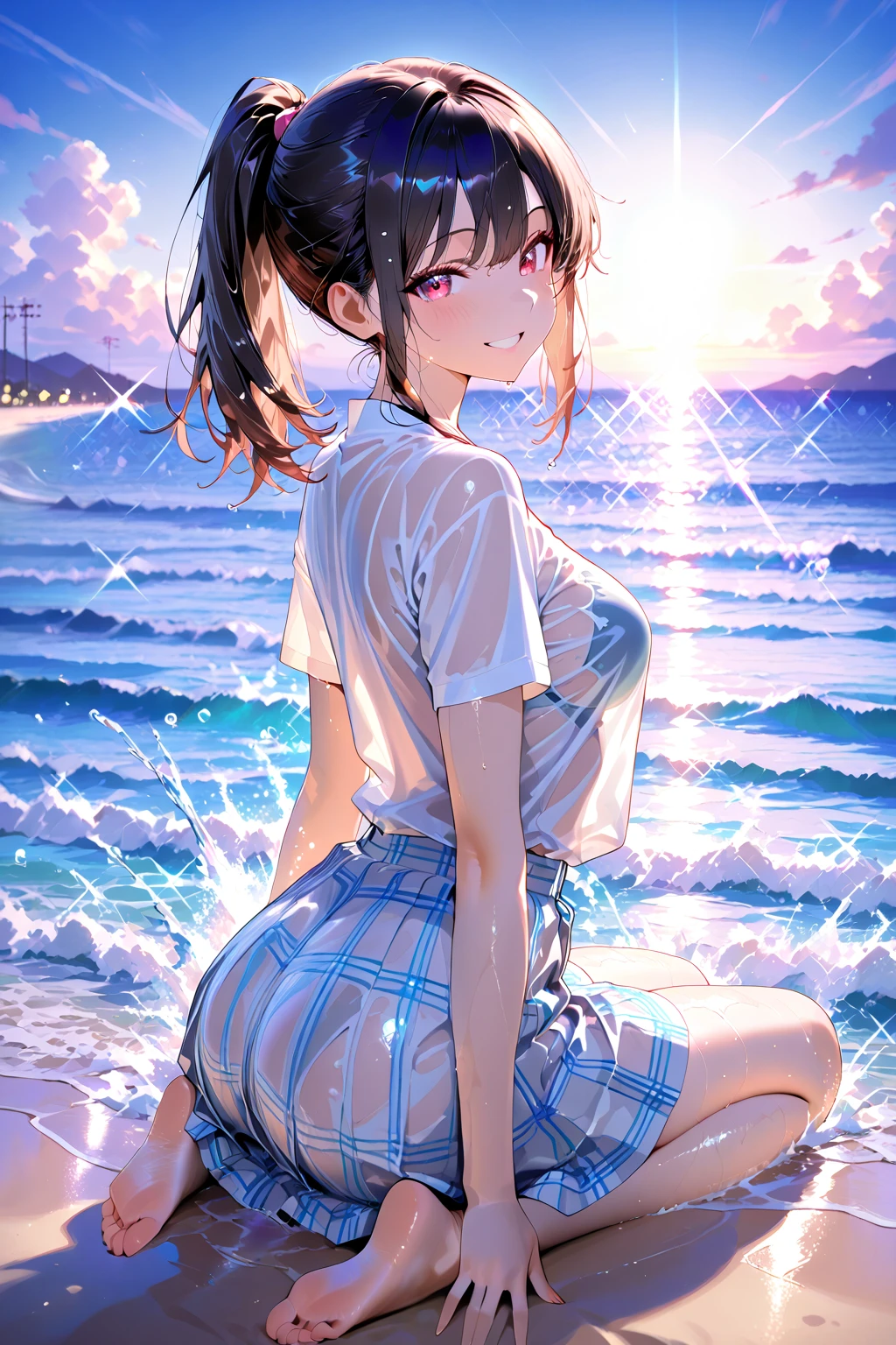 best quality, high quality, masterpiece, detailed, high resolution, (detailed skin), 1girl, solo, nsfw, water, wet, sea, sunset, osean, ((side shot)), looking at viewer, (medium breasts), (((see-through))), bangs, blunt bangs, light smile, collarbone, tan, barefoot, ((shiny skin)), bare legs, tanlines, ((open clothes)), ((wet clothes)), (wet), sitting, knee up, floating hair,