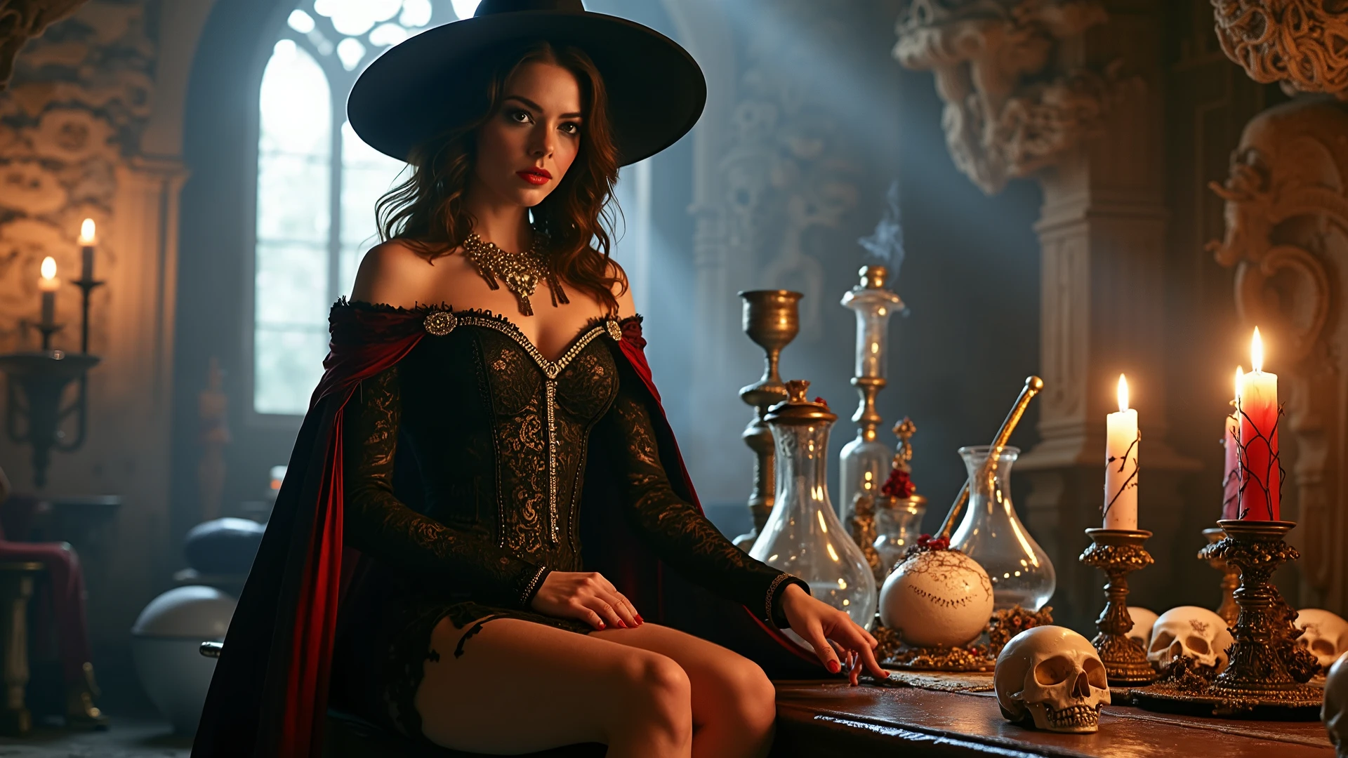 A strikingly beautiful witch graces the scene, clad in a luxurious tight-fitting lace corset that accentuates her long, elegant legs. Her flowing cloak, adorned with intricate straps and shimmering red trim, drapes elegantly around her, embellished with exquisite diamonds and lavish accessories that catch the light. Posing in an opulent ancient castle alchemist room, she embodies the perfect fusion of luxury fashion and dark allure. The atmosphere is dramatically illuminated by volumetric light, casting ethereal beams that enhance her otherworldly beauty, while the scattered skulls and potion vials—crafted from crystal and adorned with jewels—reflect the soft glow, creating an enchanting yet haunting ambiance. Smoke swirls around ornate gothic candles, their flickering flames illuminating the opulence of her surroundings and casting eerie shadows that dance across the intricately designed stone walls, perfectly complementing her captivating presence. Each detail of her attire, from the diamond-studded accessories to the lavish decorations, enhances the luxurious essence of her character, making her the epitome of a fashionable witch in a mesmerizing, gothic setting.