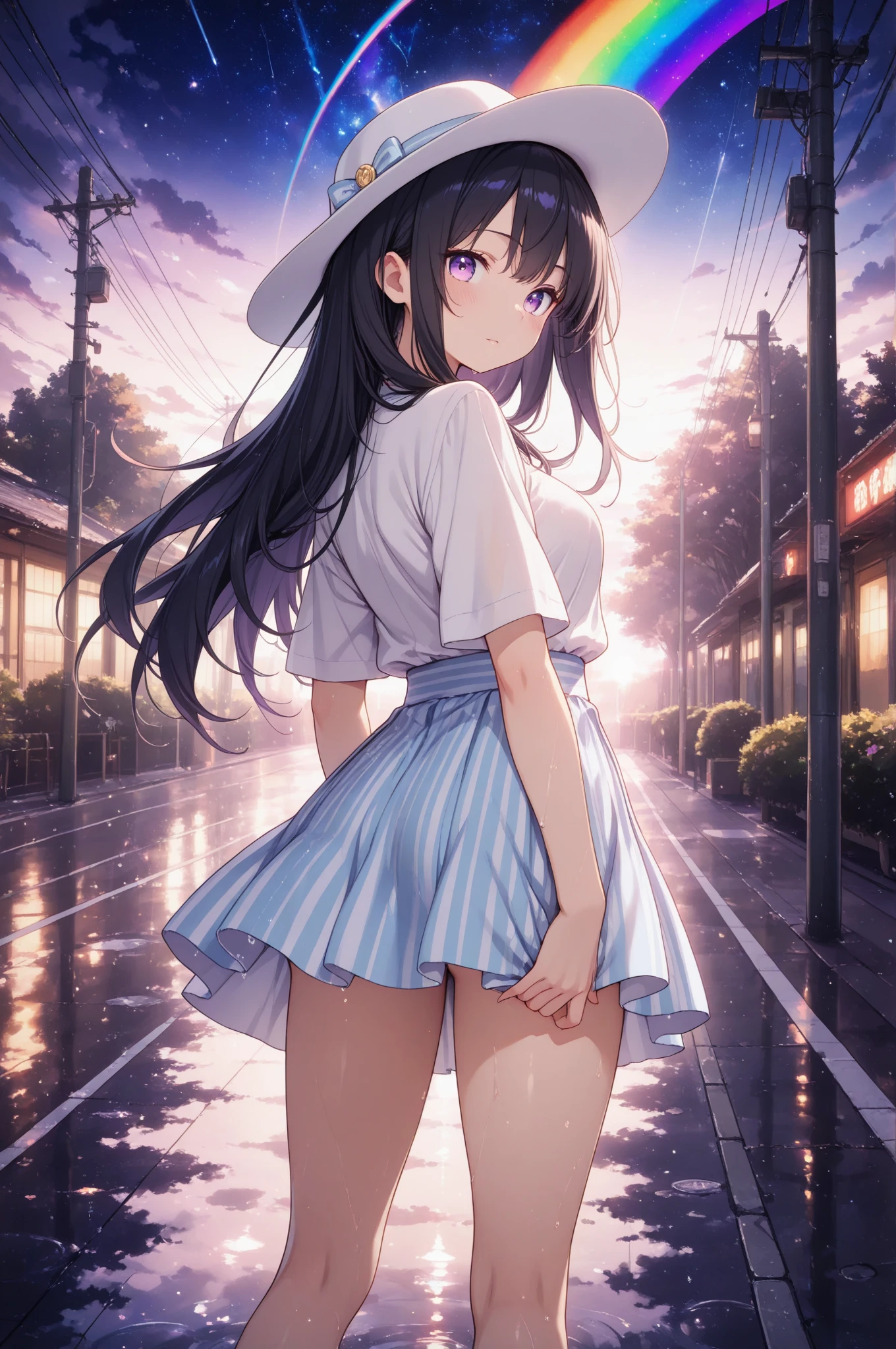 1 female,black hair,blue ribbon ,((surprised expression)),beautiful breasts,white shirt,blue clothes,good style,,(facing the front)(((blush、embarrassed look)),(((The wind blows up the navy skirt))),(showing panties:1.3),(embarrassed look:1.4),(white panties is exposed:1.4),(A corner of white panties is exposed:1.5)，(white panties:1.4),navy skirt
