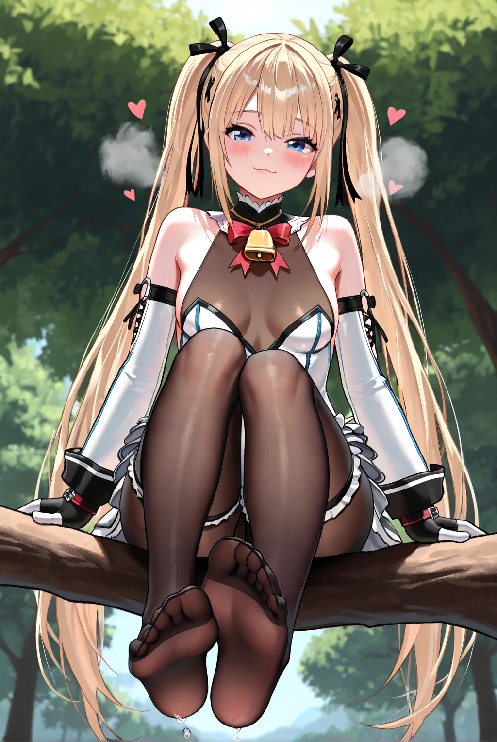 Age 30 years woman, Long blonde hair with pin doll, Wearing left eye patch, wearing a black red white bodysuit, high heels, red eyes, sitting on a The middle seat of the Meadow, view of the high tower satellites, sad, best quality, masterpiece, HD, Full Body, beautiful face