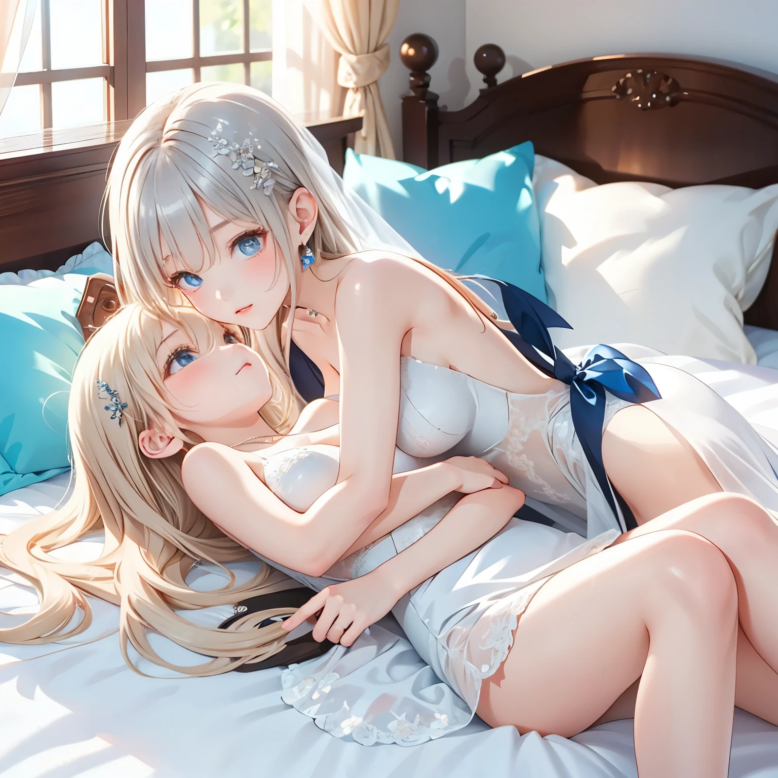 (masterpiece,best quality: 1.4),(8k,raw photo,photo realistic:1.2),shiny skin, detailed skin,detailed face,detailed eyes,Japanese idol,beautiful face,luxury hotel room.luxury bed. two beautiful girls.2 are beautiful Japanese women.2 have well-defined faces.They both have beautiful eyes.2 have big and beautiful legs.2 are good friends.2 are wearing hair ornaments.2 people are wearing necklaces and earrings.(The two have blond hair and silver hair).(2 people have twin tails and side tails).((The two are wearing wedding dresses)).((the two are wearing translucent veils)).((The two are wearing white hose)).(((The two are lying on the bed,having a passionate kiss))). wedding dress. leslto_1, 2girls, lying, on bed, on back, looking at another, pillow