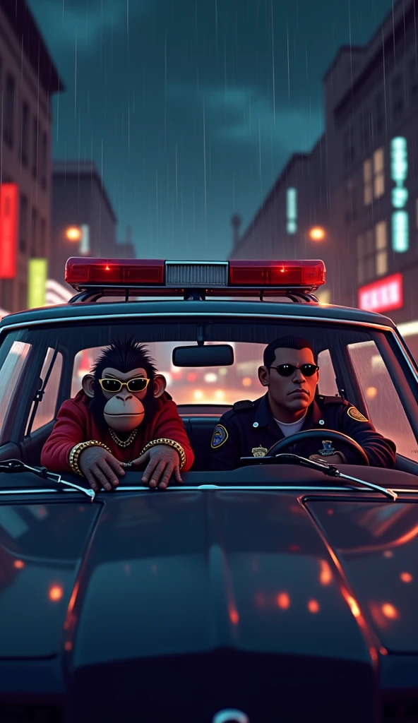 From the distance comes a green lowrider convertible with a golden inscription GrapeApe approaching, in the car sits a GORILLA with a cap "ga" and a college jacket and serious look, next to it sits a woman with black hair, glasses, pony tail, Black Crown, green eyes, Black Dress, plunging neckline, Loving Gaze, in the background a street at night with a starry sky, Modern Comic, side view of the car; Smoke under the edges, Gorilla sits on the right in the car, Woman sits on the left in the car