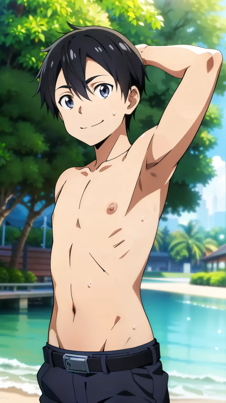 1boy, solo, nude, cowboy shot, (beach:1.2), smile, open mouth, (fang:1.2),
yellow eyes, bright pupils, white pupils, purple hair, spiked hair, ((shota)), score_9, score_8_up, score_7_up, BREAK source_anime, best quality, masterpiece, uncensored, solo, flacid penis, standing, showing armpits, showing teeth