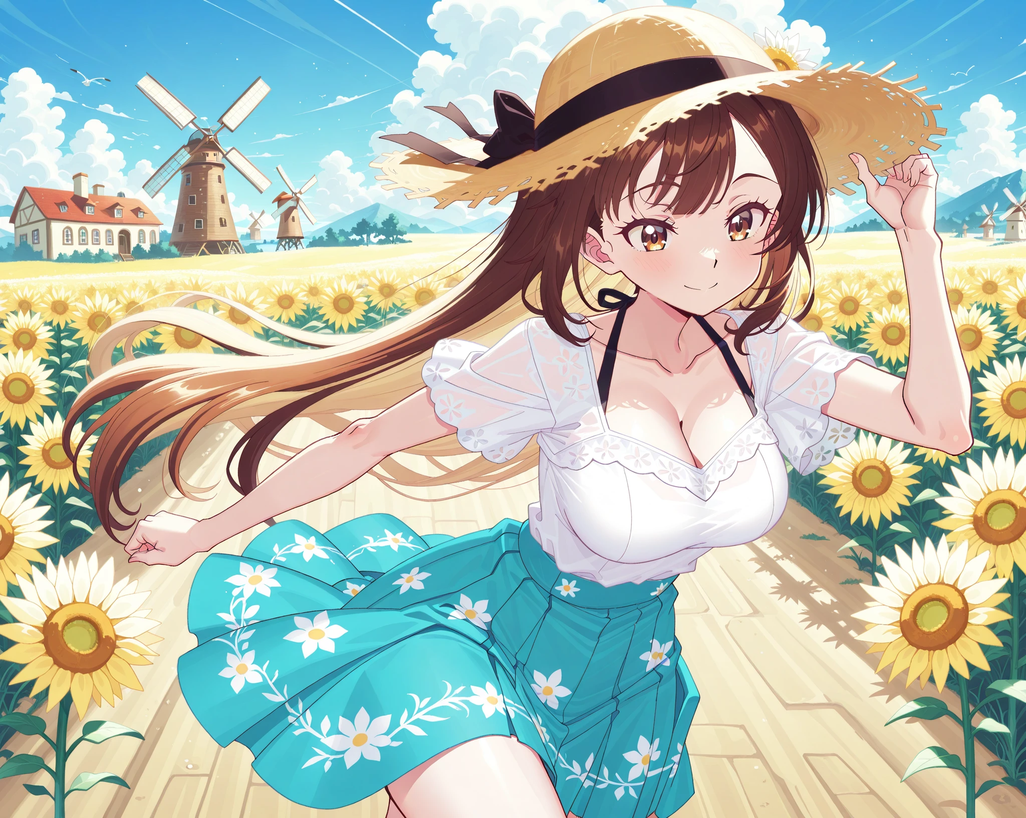masterpiece, best quality, high quality, extremely detailed, very delicate and beautiful, (1 female 18 years old alone solo:1.5), (long black hair up to waist with two side up:1.5), bangs to eyebrows, eyes (eyes sharp, strong glossy glossy eyes, eyebrows glossy, (eye color magenta:1.3), 6.5 head height, (gazania flower print fashion:1.3), (smiling), (running:1.3), (dynamic pose), (background gazania flower field:1.3), ( blue sky:1.3)