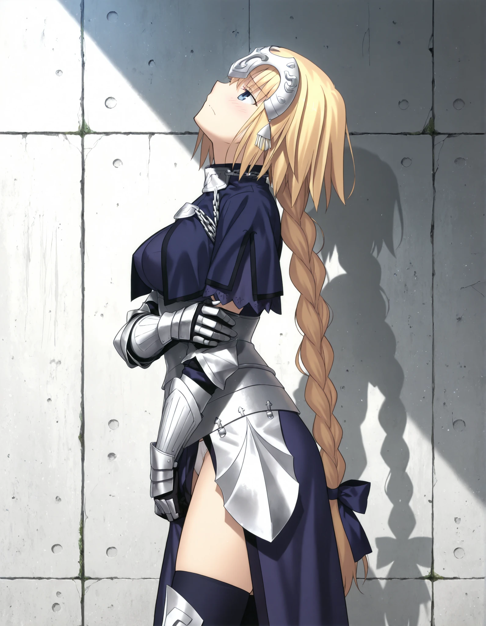 masterpiece, , absurdres, highres, detailed background, high resolution, masterpiece, necessary, detail, best quality, quality, necessary, details, High details, Precise, , , outdoors, from side, (cowboy shot), ((light gray concrete wall)), (cinematic light), , solo,                                            
                                                                                                                                                                                                                         1girl, , Takeuchi Takashi (type-moon,tsukihime) style, takeuchi takashi style, (hold own arm, ), head back,(head tilt),seriously, ,
   
girl, slim arms, jeanne d arc, \(fgo\), blue eyes, half-closed eyes, jeanne d arc, blonde hair, medium hair, , single braid, ((very big braid, huge braid)), , armor, armored boots, armored dress, black gloves, black thighhighs, braid, dress, gauntlets, gloves, headpiece, blue dress, single braid, medium breasts, white panties slip, looking away, light embarrassed,                                                                                                                                                                                                                                                                                                                                                                                                                                                                                                                                                                                    