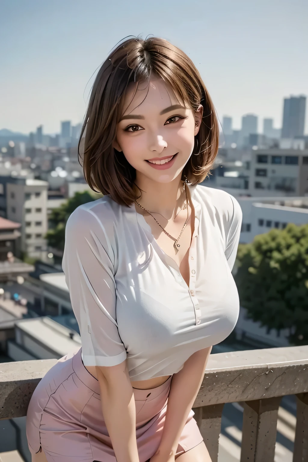 masutepiece, Best Quality, Illustration, Ultra-detailed, finely detail, hight resolution, 8K Wallpaper, Perfect dynamic composition, Beautiful detailed eyes, Women's Fashion,Very short hair,Small breasts natural color lip, Bold sexy poses,Smile,Harajuku、20 years girl、Cute、Sexy shot looking at camera、blouse、a miniskirt、Background outdoor
