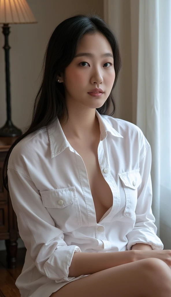 8k, raw photo, best quality, masterpiece, realistic, photo realistic, clear, professional lighting, beautiful face, best quality,ultra high res, realistic japanese beautiful, Super detailed, 1girl,full body, unbuttoned