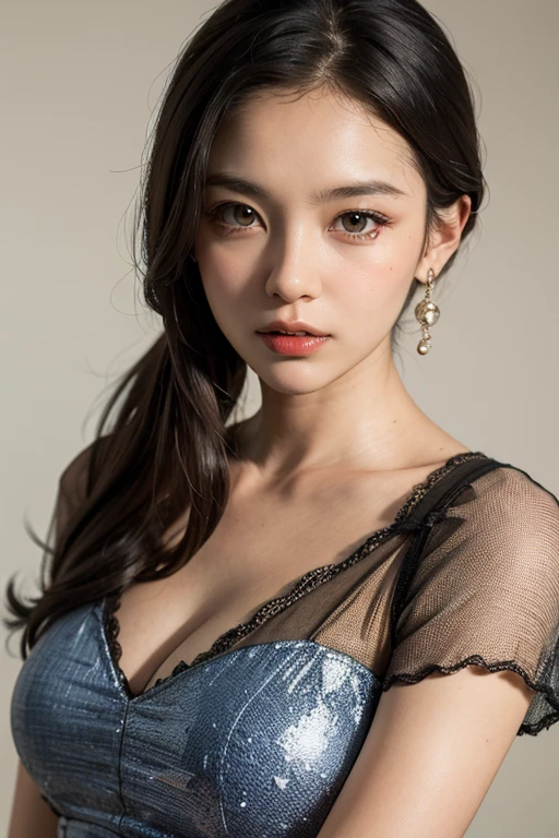 Korean Women、goddes、perfect bodies、The upper part of the body、Ball head、detailed skin texture and cloth texture、Detailed eye texture、detailed eyeball、long eyeslashes、Close up of thin eyelashes、二重まぶた、Light smile、length hair、Detailed hair texture 8K、top-quality、masterpiece、超A high resolution:1.2、draped fabric、Beautiful female photos with elegant style as the theme、Woman with a round face like a kitten、sky-blue dress、Photo mode、 The upper part of the body、Soft fabric、Fine fabric texture、doress、fluent dress、Elegant dress、Elegant dress、wearing dresses、H-cup
