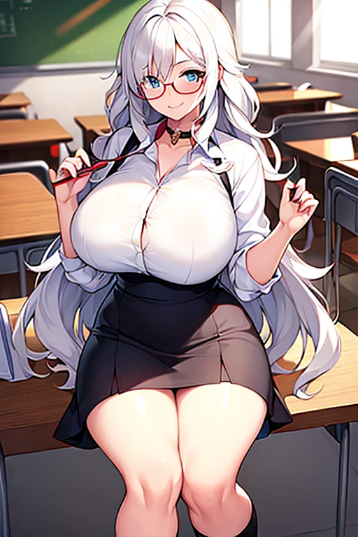 1girl, white hair, long hair, teacher, dark skin, dark-skinned female, white shirt, shirt, glasses, red glasses, yellow eyes, pencil skirt, skirt, mature female, pantyhose, black pantyhose, huge breasts, thick thighs, smile, smirk, smug