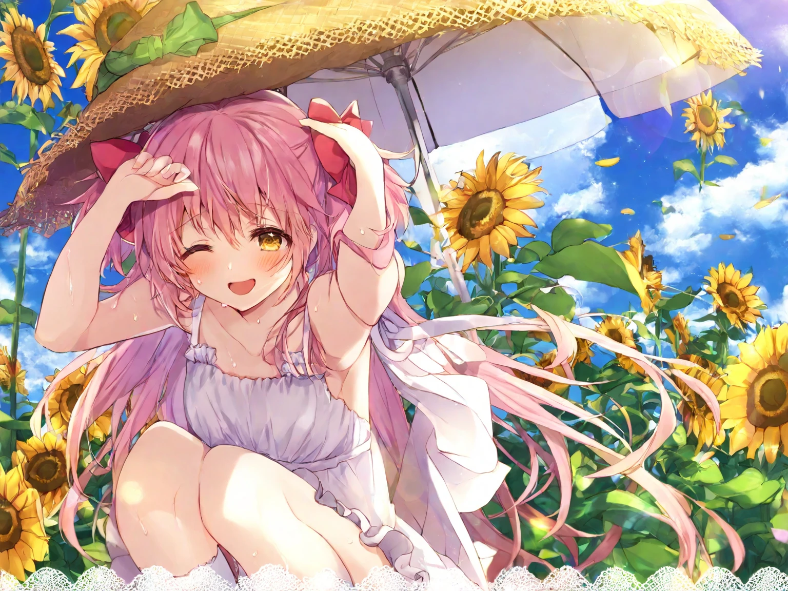 masterpiece, best quality,1girl, solo,( flower:1.4), pink hair, hair flower, long hair, in container, hair ornament, barefoot, looking at viewer, smile, short sleeves, blush, bangs, white shirt, shirt, closed mouth, pink eyes, submerged, bare legs, ass, white dress, legs up, bubble, from side, frills, full body, bottle, english text, dress, pink flower, ribbon, puffy short sleeves, white flower, puffy sleeves, skirt, leg ribbon, looking to the side, water, sparkle, thighs, red flower, thigh strap, lying, head tilt, air bubble, white background, perfume bottle,bow, jar, transparent, leg up, wavy hair, petals, underwear, knees up, short dress