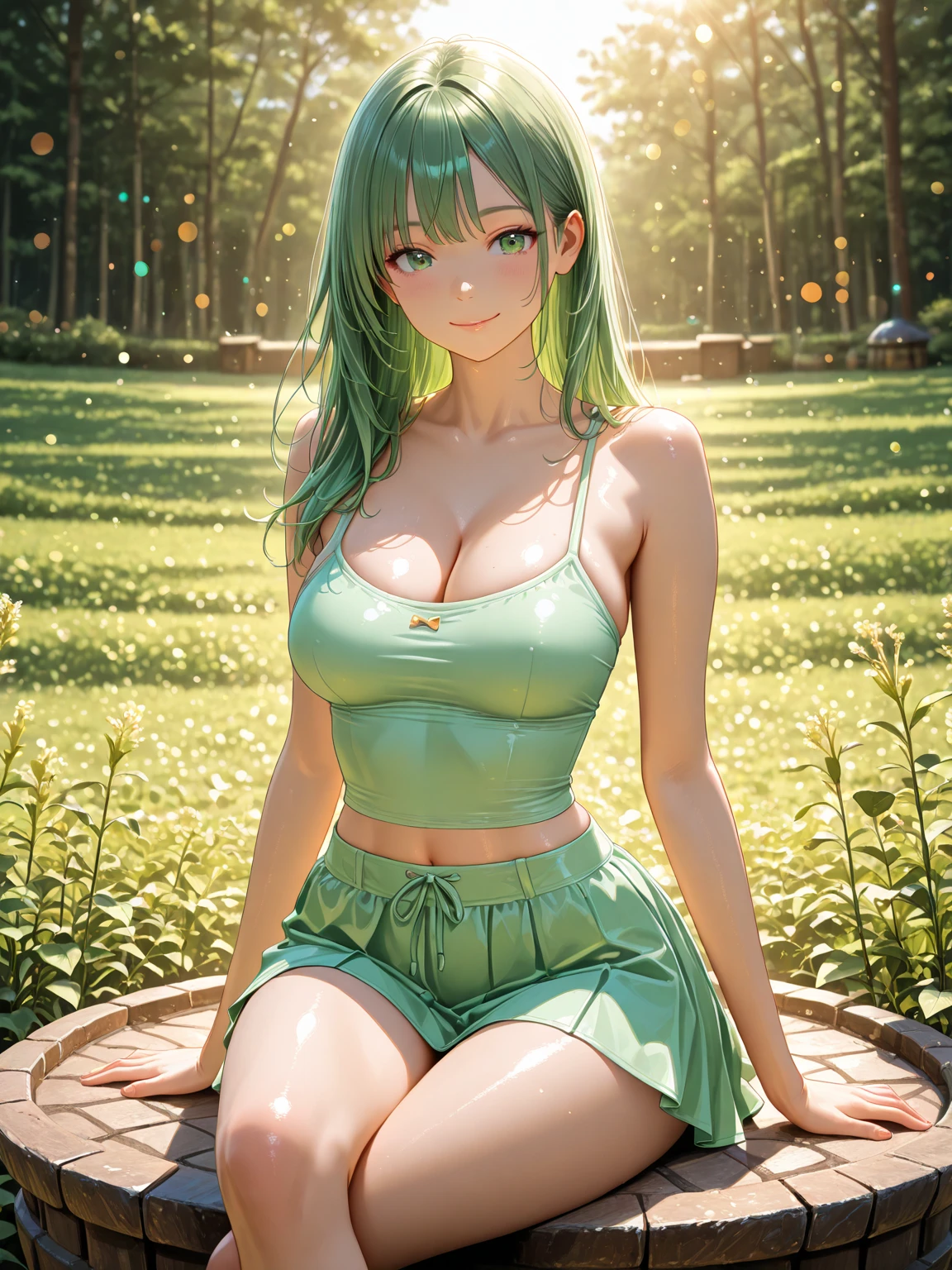 Yamashina Mizuho, masterpiece, best quality, a sexy mature woman in floral printed lingerie is posing for a picture at the garden, 1girl, solo, white in blue underwear, off-shoulder shirt, breasts, thong panties, bra, jewelry, necklace, garter belt, thigh highs, smile, cleavage, navel, looking at viewer