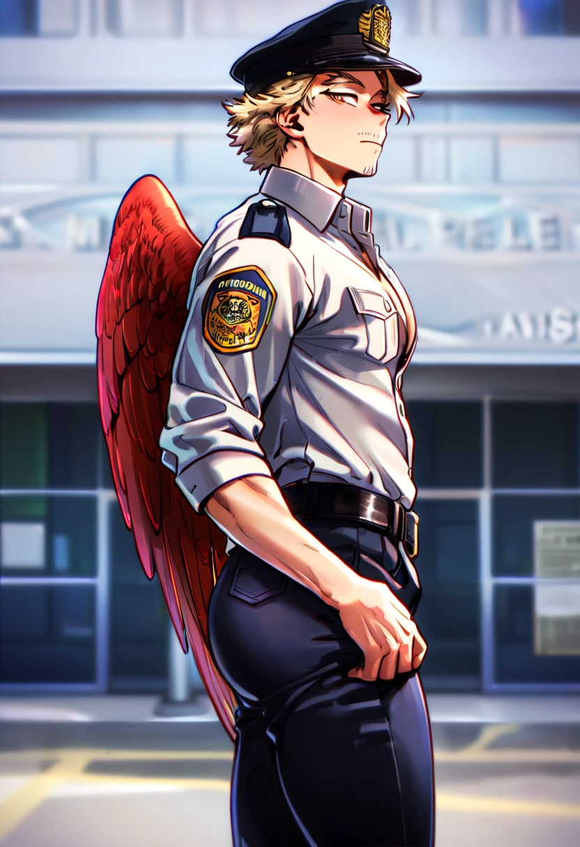 score_9, score_8_up, score_7_up, score_6_up, perfect anatomy, perfect proportions, best quality, masterpiece, high_resolution, high quality, aesthetic, absurdres, (male focus), solo male, adult, mature, masculine, manly, handsome, charming, alluring, cowboy shot, dutch angle, source_game \(Tokyo Afterschool Summoners\), source_game \(housamo\), official style \(Tokyo Afterschool Summoners\), official style \(housamo\), Hogen, TASHogen, old man, wrinkle, gold eyes, white hair, short hair, facial hair, beard, TASHogen_outfit02, Japanese police uniform, Japanese police peaked cap, light blue collared shirt, jacket over shoulder, black police jacket, wrist rope, black pants, thigh strap, from below, low angle, city background, Kabukicho, green wings