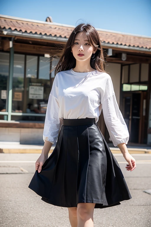There is a woman standing on the steps, long hair, fine skin texture and cloth texture, fine eyes, long eyelashes, double eyelids, wearing fluent long clothes, wearing fluent mid-skirt, mid-skirt, hanbok apron, bae suzy, mid-skirt apron, wearing fluent clothes, Ghibli anime style, wearing skirt, milk and mocha style, gray skirt, inspired by Shen Se-jung, casual clothing style, skirt