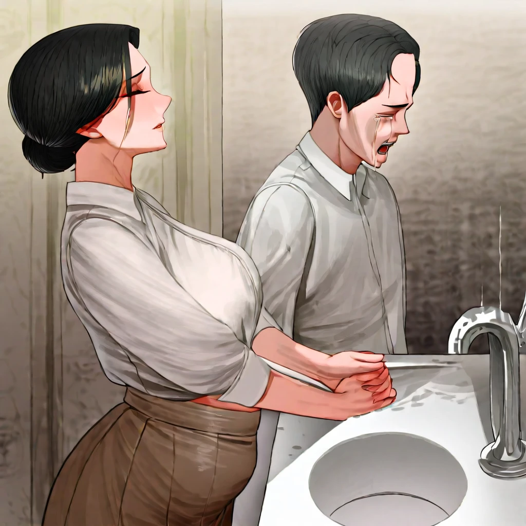 The man in his 45s with black very short hair and smooth face with moustache. The woman in her 45s with brown wavy long hair. The man is dressed in a black suit. The woman is wearing a green mini dress. In the bar toilet. The woman is sitting at the counter. They have sex. The woman is moaning. Orgasm. Passion. Erotic. Night. Dim environment. Realistic. Ultra realistic.