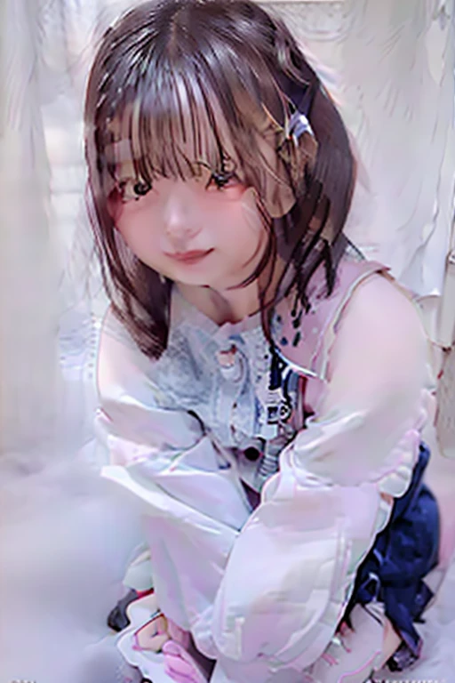 Girl 8 years old Long hair High ponytail Bangs Double eyelids Big eyes White eyeballs Goose egg face Small pink mouth High nose bridge Blue pink striped sweatshirt Look up Smile Eat