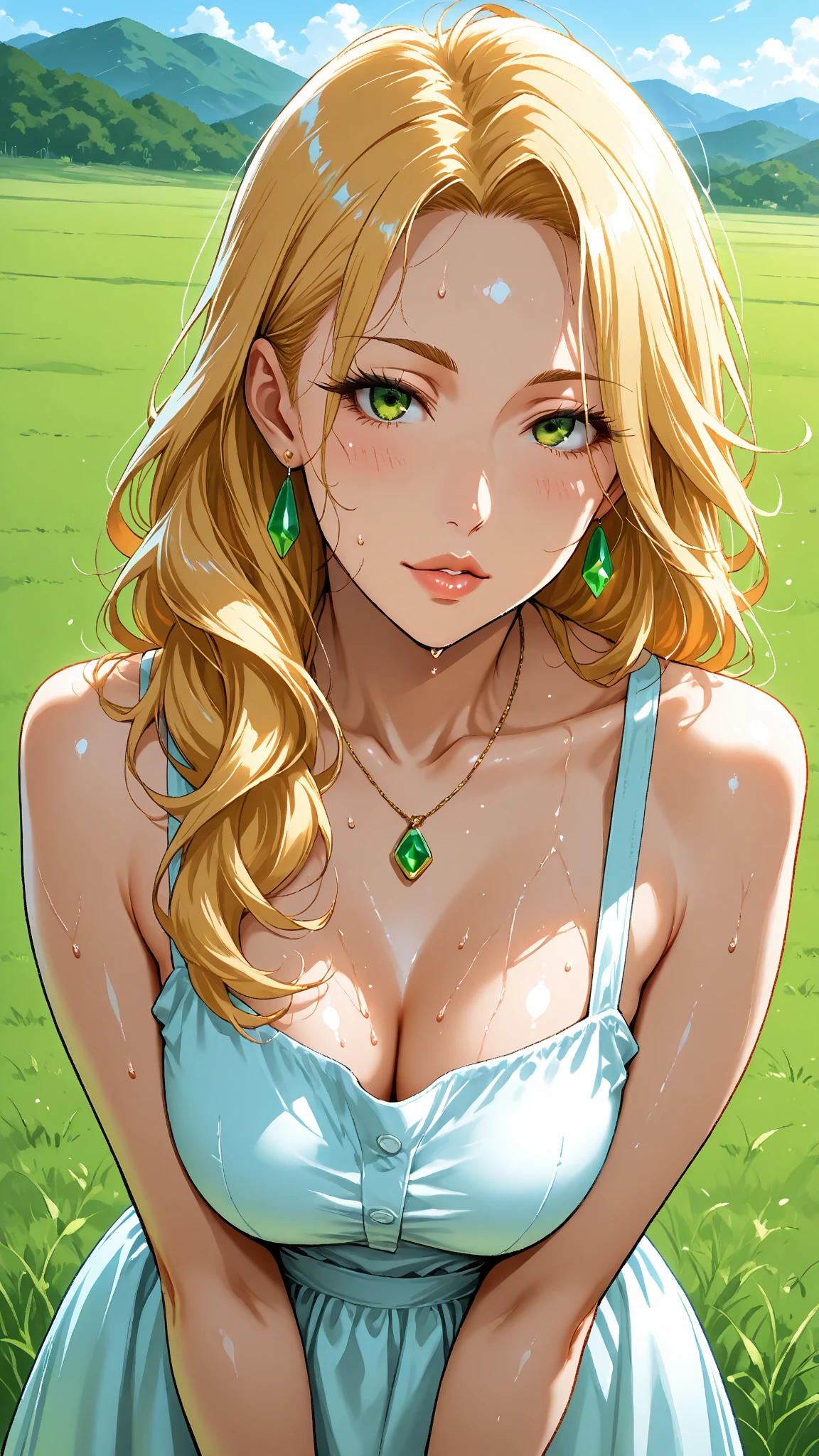 A tanned-skinned anime girl lies despondently on the ground, her hand cradling her abdomen in agony. Her fabric revealing the faint outlines of her ribs. Long sun-kissed locks cascade around her face, concealing it from view. Her despairing expression, etched with lines of hunger and suffering, speaks of a life devoid of sustenance. The sunlight filters through the foliage above, bathing her emaciated figure in a warm, golden glow that accentuates the definition of her bones. The bikini top clings to her body, leaving little to the imagination, she lying down on the forest floor with her eyes closed in immense pain and suffering from hunger