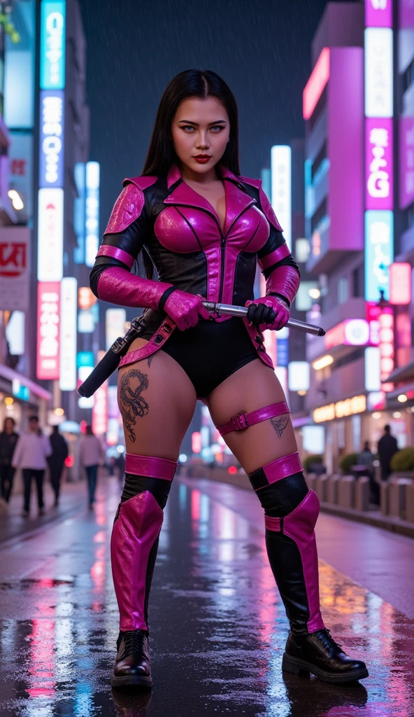 Mulher sensual cyberpunk neon pink hair, corpo todo, olhando para camera, vista de lado, full body, background cidade de Sao Paulo