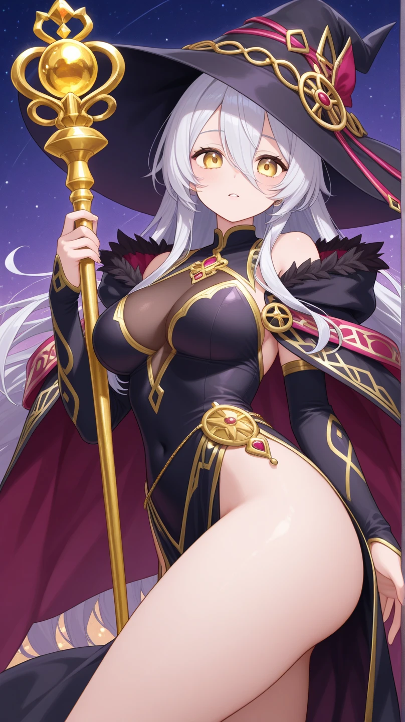 Empress edelgard turns Into a sexy, beautifull and attraktive dark sorcoress, big and wide black dress, giant waist, staff in Hand, smiling, long and dark cape, giant witch hat, majestic, giant breasted 1:50, bimbo, big purple lips, big purple eyes, giant breasted, enormous breasted, extreme hourglass figure, big waist, sexy curves, underboob, enormous chest, posing seductively
