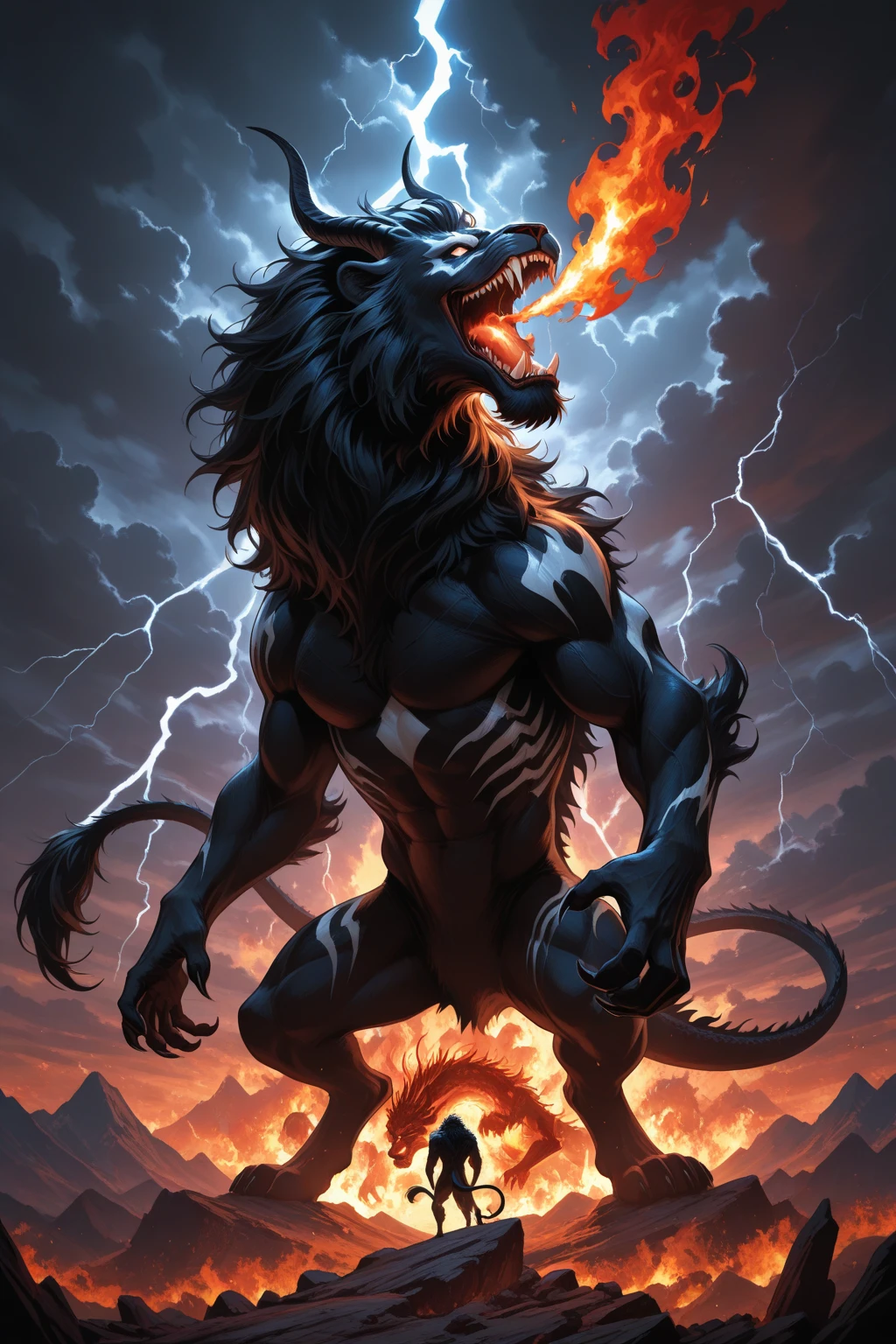 Lion, Black Hair, Red eyes, wing, Very monstrous