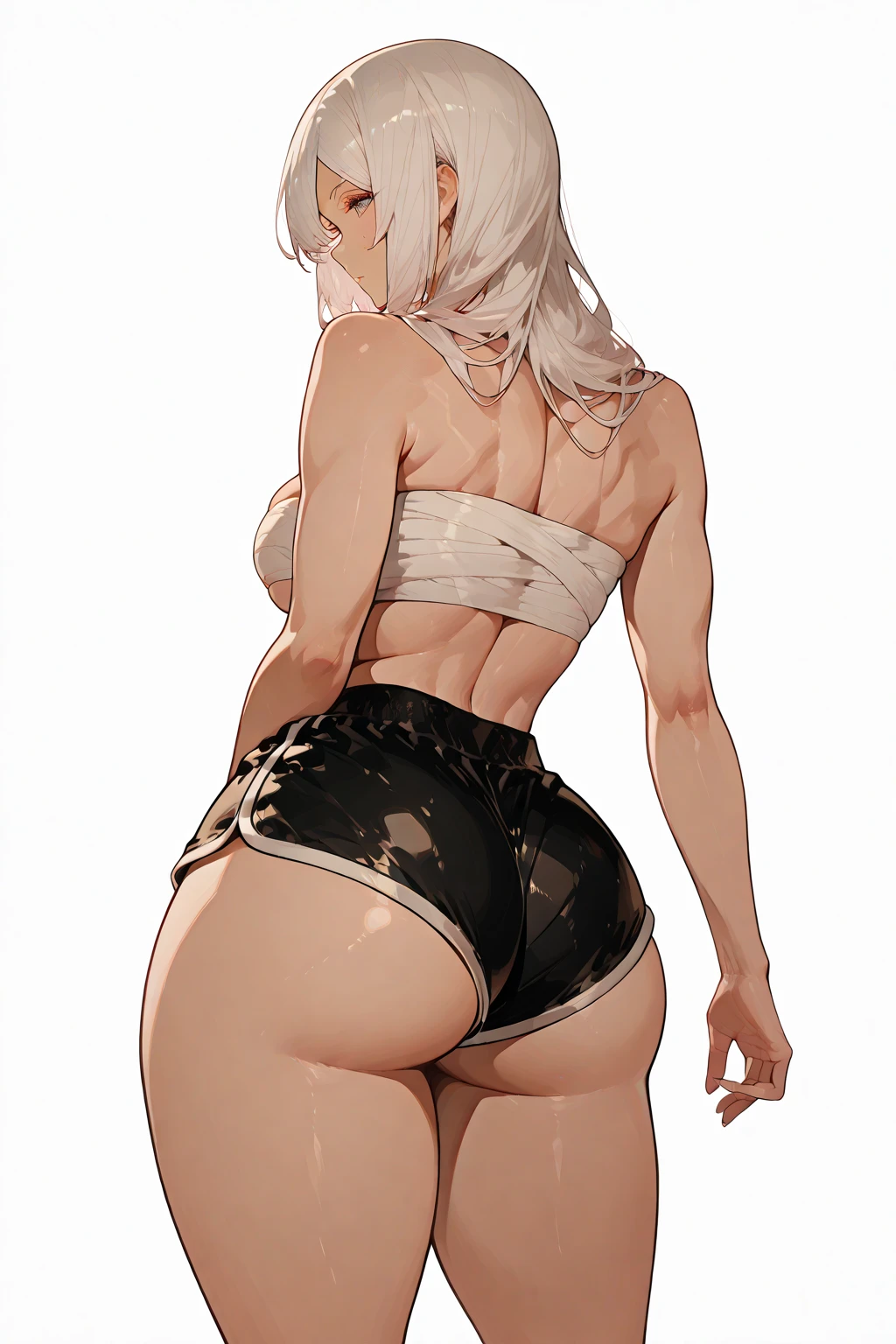 (masterpiece), best quality, female warrior, huge girl, female muscular:1.2, long hair:0.5, (silver hair), big breast, (curvy:1.8), (((blank background))), ((full body)), fingerless gloves, sandals, sleeveless, covered nipples, detailed dress, ((camel toe)), corset, bare legs , ((crossed arms)), ((long legs:1.5)), tall girl