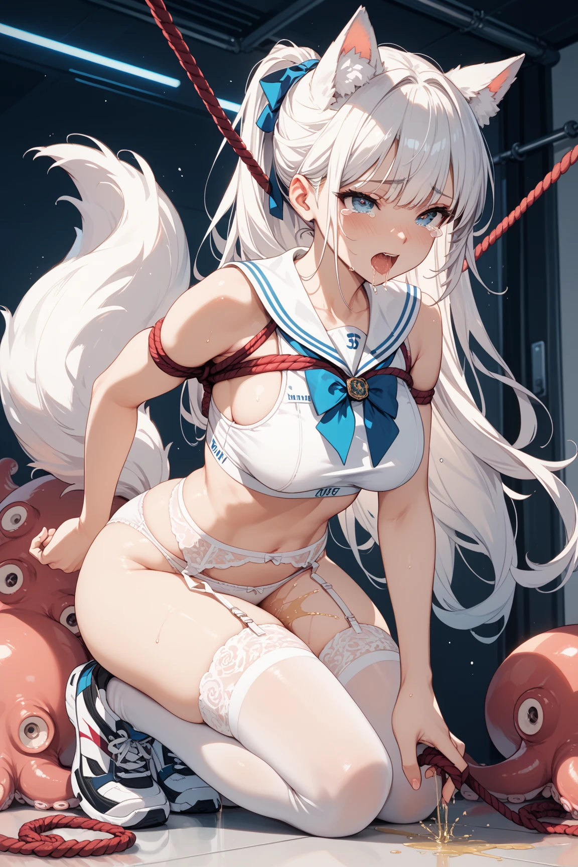 score_9, score_8_up, score_7_up, source_アニメ, Idealized Forms, Natural Light, details background, blurry background, extremely detailed,shimakaze (kancolle),completely nude,(supplyed eyes),((tears)),blush,nipples,navel,vaginal,orgasm,trembling,1girl, solo, bind_all, machine, spread legs, bdsm,pregnant