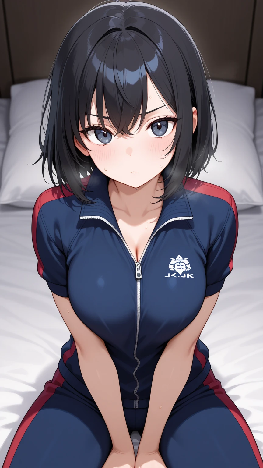 (masterpiece), (hyperrealistic),Pure face:1.3, perfect eyes, Top quality:1.1, Fine face:1.1, Fine eyes:1.1, mature female, beautiful:1.1, (1woman), Lighting, (by Kentaro Yabuki), (embarrassed:1.2), ( asymmetrical hair ), (large breasts:1.2), (on back:1.4), black hair, ( Varsity jacket:1.3), from above, (upper body:1.2),