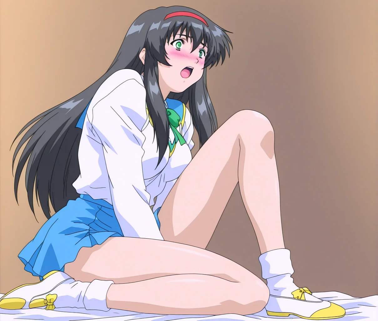 Madoka Ayukawa, 14 years old, bangs, 1girl, masterpiece, highest quality, disorganized, retro artstyle, 1980s \(style\)))), look viewer, (((full nude))), full blush, (((no Panties))),, Take a look here, (((nsfw))), view audience, nsfw, Genitals are visible,1girl, (((See here))), nsfw, (Japanese girl showing off genitals:1.1), look viewer, (((a girl, Flying in the air in a naked, from the knees up, overlooking the cityscape below,))), ponytail,