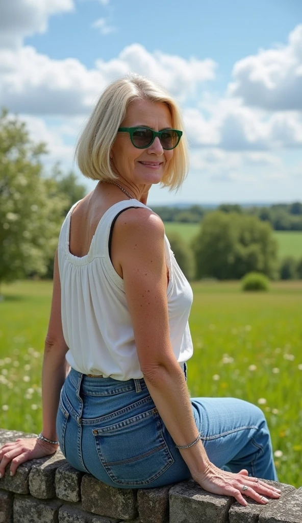 Margaux Dupont, 1girl, solo, realistic, ((short blond)), (((consistent face and image))), ((Caucasian mature)), ((Belgian woman)), ((Belgian nose)), ((Belgian lips)), ((Belgian body and skin)), ((upper body and upper legs)), Outfit: Crop top, and high-waisted leggings, Setting: casual walks in the park.